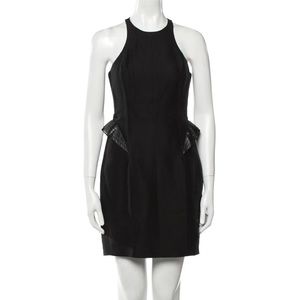 Halston Heritage crewneck sleeveless little black dress w/leather peplum detail